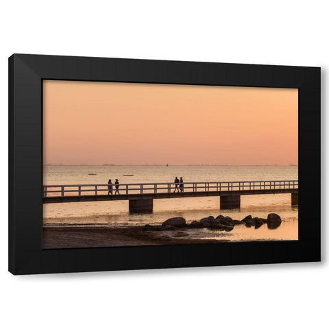 Sweden-Scania-Malmo-Riberborgs Stranden beach area-pier at sunset Black Modern Wood Framed Art Print by Bibikow, Walter