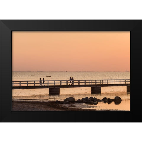 Sweden-Scania-Malmo-Riberborgs Stranden beach area-pier at sunset Black Modern Wood Framed Art Print by Bibikow, Walter