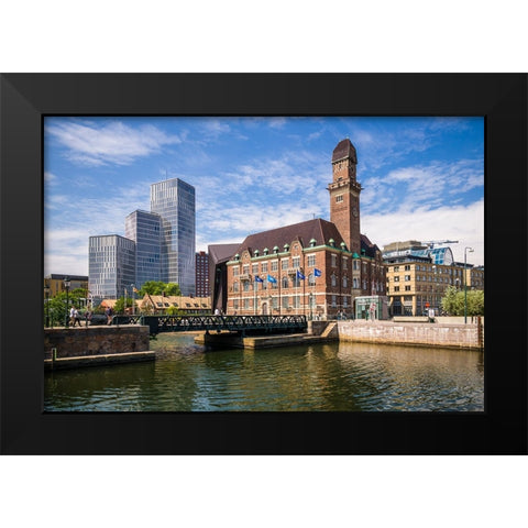 Sweden-Scania-Malmo-Bagers Plats square-World Maritime University and the Malmo Live buildings Black Modern Wood Framed Art Print by Bibikow, Walter