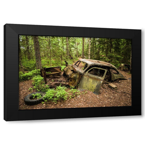 Sweden-Smaland-Ryd-Kyrko Mosse Car Cemetery-former junkyard now pubic park-junked cars Black Modern Wood Framed Art Print by Bibikow, Walter