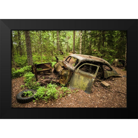 Sweden-Smaland-Ryd-Kyrko Mosse Car Cemetery-former junkyard now pubic park-junked cars Black Modern Wood Framed Art Print by Bibikow, Walter
