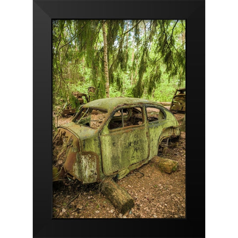 Sweden-Smaland-Ryd-Kyrko Mosse Car Cemetery-former junkyard now pubic park-junked cars Black Modern Wood Framed Art Print by Bibikow, Walter