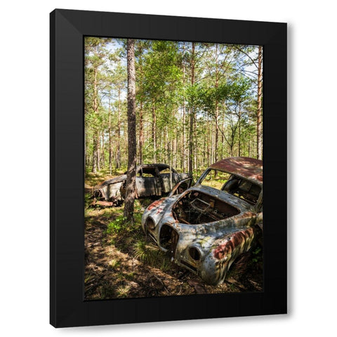 Sweden-Smaland-Ryd-Kyrko Mosse Car Cemetery-former junkyard now pubic park-junked cars Black Modern Wood Framed Art Print by Bibikow, Walter