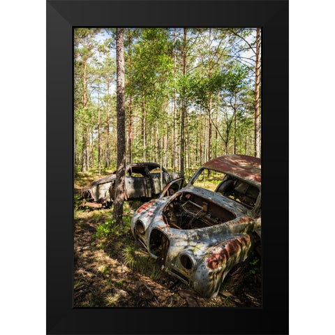 Sweden-Smaland-Ryd-Kyrko Mosse Car Cemetery-former junkyard now pubic park-junked cars Black Modern Wood Framed Art Print by Bibikow, Walter