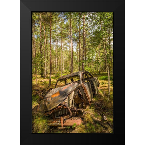 Sweden-Smaland-Ryd-Kyrko Mosse Car Cemetery-former junkyard now pubic park-junked cars Black Modern Wood Framed Art Print by Bibikow, Walter