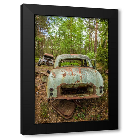 Sweden-Smaland-Ryd-Kyrko Mosse Car Cemetery-former junkyard now pubic park-junked cars Black Modern Wood Framed Art Print by Bibikow, Walter