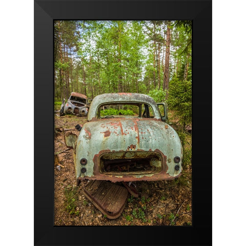 Sweden-Smaland-Ryd-Kyrko Mosse Car Cemetery-former junkyard now pubic park-junked cars Black Modern Wood Framed Art Print by Bibikow, Walter