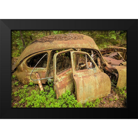 Sweden-Smaland-Ryd-Kyrko Mosse Car Cemetery-former junkyard now pubic park-junked cars Black Modern Wood Framed Art Print by Bibikow, Walter