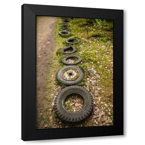 Sweden-Smaland-Ryd-Kyrko Mosse Car Cemetery-former junkyard now pubic park-old tires Black Modern Wood Framed Art Print by Bibikow, Walter