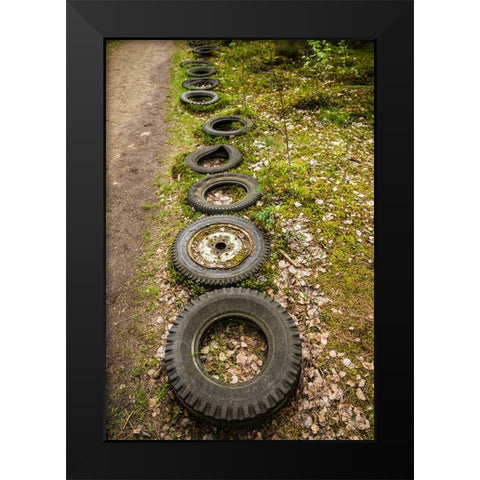 Sweden-Smaland-Ryd-Kyrko Mosse Car Cemetery-former junkyard now pubic park-old tires Black Modern Wood Framed Art Print by Bibikow, Walter