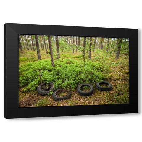 Sweden-Smaland-Ryd-Kyrko Mosse Car Cemetery-former junkyard now pubic park-old tires Black Modern Wood Framed Art Print by Bibikow, Walter