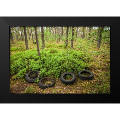 Sweden-Smaland-Ryd-Kyrko Mosse Car Cemetery-former junkyard now pubic park-old tires Black Modern Wood Framed Art Print by Bibikow, Walter