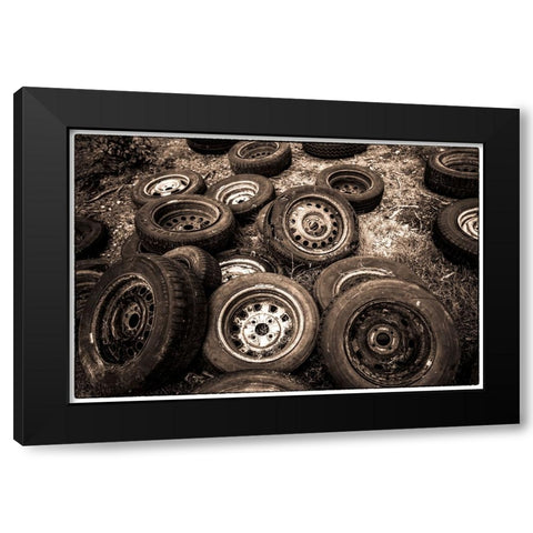 Sweden-Smaland-Ryd-Kyrko Mosse Car Cemetery-former junkyard now pubic park-old tires Black Modern Wood Framed Art Print by Bibikow, Walter
