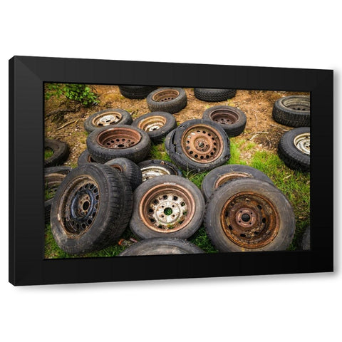 Sweden-Smaland-Ryd-Kyrko Mosse Car Cemetery-former junkyard now pubic park-old tires Black Modern Wood Framed Art Print by Bibikow, Walter
