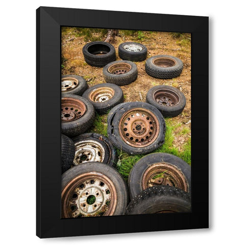 Sweden-Smaland-Ryd-Kyrko Mosse Car Cemetery-former junkyard now pubic park-old tires Black Modern Wood Framed Art Print by Bibikow, Walter