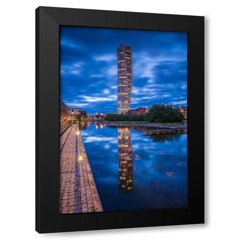 Sweden-Scania-Malmo-Turning Torso building-designed by architect Santiago Calatrava-2005-dusk Black Modern Wood Framed Art Print by Bibikow, Walter