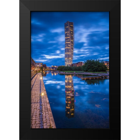 Sweden-Scania-Malmo-Turning Torso building-designed by architect Santiago Calatrava-2005-dusk Black Modern Wood Framed Art Print by Bibikow, Walter