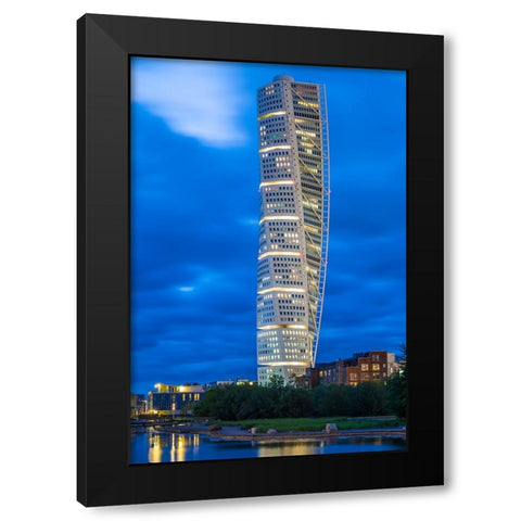 Sweden-Scania-Malmo-Turning Torso building-designed by architect Santiago Calatrava-2005-dusk Black Modern Wood Framed Art Print by Bibikow, Walter