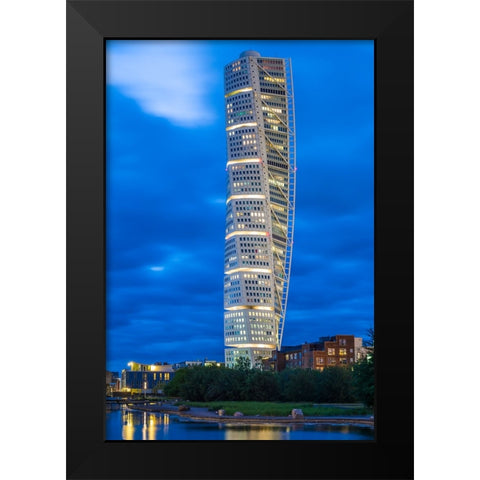 Sweden-Scania-Malmo-Turning Torso building-designed by architect Santiago Calatrava-2005-dusk Black Modern Wood Framed Art Print by Bibikow, Walter