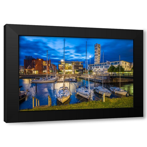 Sweden-Scania-Malmo-Turning Torso building-designed by architect Santiago Calatrava-2005 with Vastr Black Modern Wood Framed Art Print by Bibikow, Walter