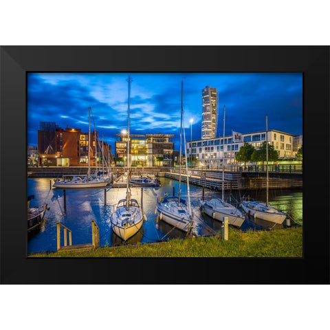 Sweden-Scania-Malmo-Turning Torso building-designed by architect Santiago Calatrava-2005 with Vastr Black Modern Wood Framed Art Print by Bibikow, Walter