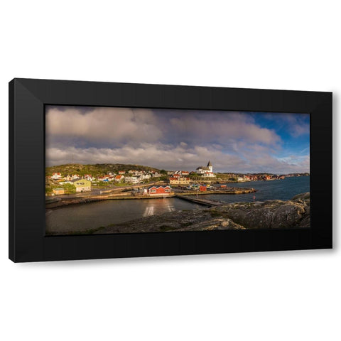 Sweden-Bohuslan-Tjorn Island-Skarhamn-town skyline with Skarhamn church-sunset Black Modern Wood Framed Art Print by Bibikow, Walter