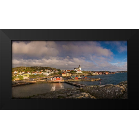 Sweden-Bohuslan-Tjorn Island-Skarhamn-town skyline with Skarhamn church-sunset Black Modern Wood Framed Art Print by Bibikow, Walter