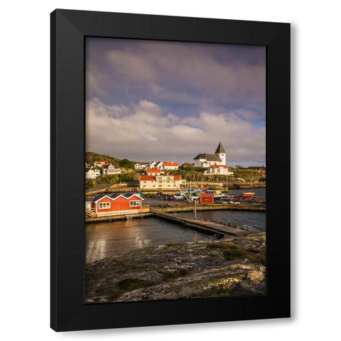 Sweden-Bohuslan-Tjorn Island-Skarhamn-town skyline with Skarhamn church-sunset Black Modern Wood Framed Art Print with Double Matting by Bibikow, Walter