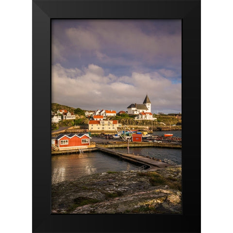 Sweden-Bohuslan-Tjorn Island-Skarhamn-town skyline with Skarhamn church-sunset Black Modern Wood Framed Art Print by Bibikow, Walter