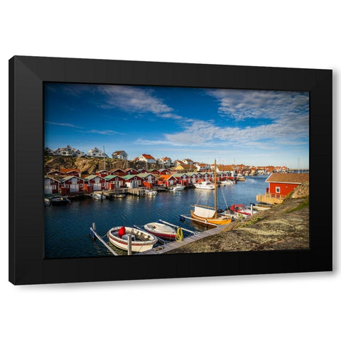 Sweden-Bohuslan-Smogen-Smogenbryggan-antique boat houses and fishing shacks Black Modern Wood Framed Art Print by Bibikow, Walter