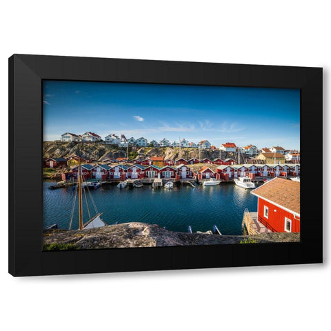Sweden-Bohuslan-Smogen-Smogenbryggan-antique boat houses and fishing shacks Black Modern Wood Framed Art Print with Double Matting by Bibikow, Walter