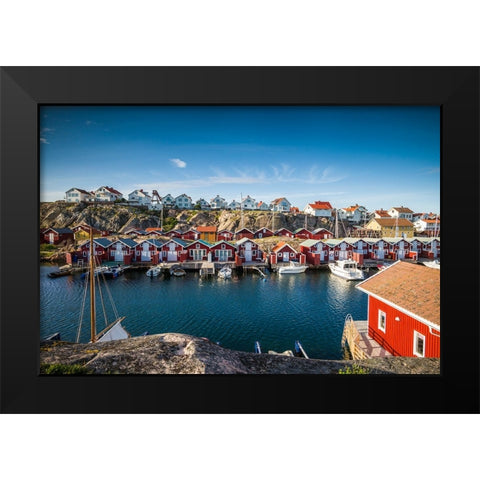 Sweden-Bohuslan-Smogen-Smogenbryggan-antique boat houses and fishing shacks Black Modern Wood Framed Art Print by Bibikow, Walter