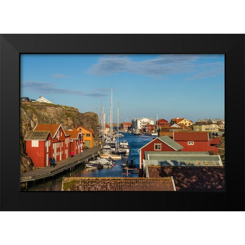 Sweden-Bohuslan-Smogen-Smogenbryggan-antique boat houses and fishing shacks Black Modern Wood Framed Art Print by Bibikow, Walter
