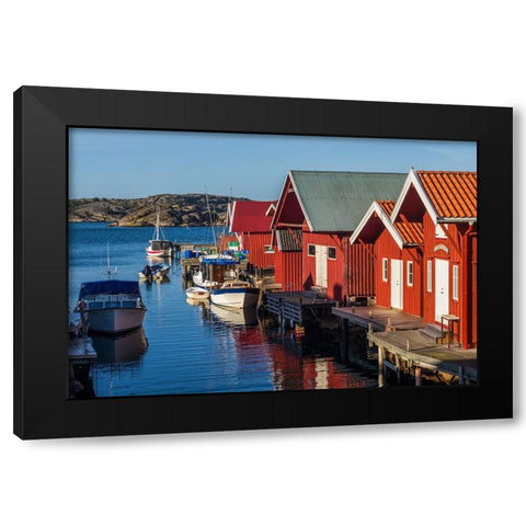 Sweden-Bohuslan-Kungshamn-red fishing shacks in the Fisketangen-old fishermans neighborhood Black Modern Wood Framed Art Print with Double Matting by Bibikow, Walter