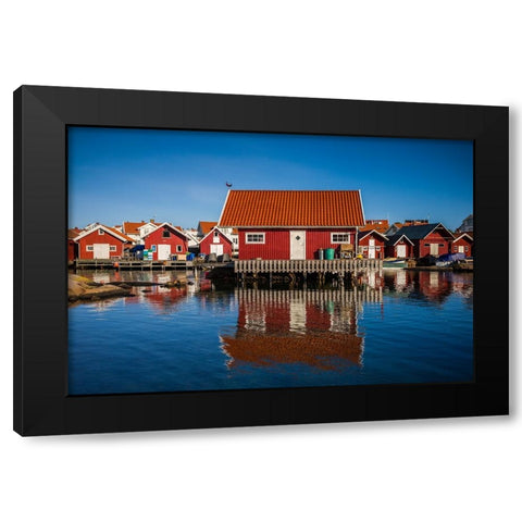 Sweden-Bohuslan-Kungshamn-red fishing shacks in the Fisketangen-old fishermans neighborhood Black Modern Wood Framed Art Print with Double Matting by Bibikow, Walter