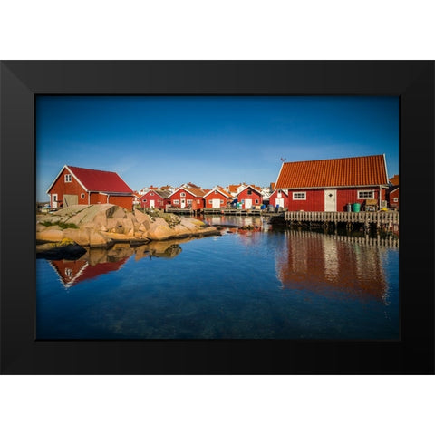 Sweden-Bohuslan-Kungshamn-red fishing shacks in the Fisketangen-old fishermans neighborhood Black Modern Wood Framed Art Print by Bibikow, Walter