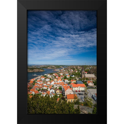 Sweden-Bohuslan-Fjallbacka-elevated town view from the Vetteberget cliff Black Modern Wood Framed Art Print by Bibikow, Walter
