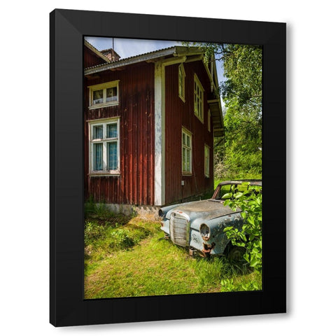 Sweden-Varmland-Bastnas-Bastnas Car Cemetery public park-antique car junkyard Black Modern Wood Framed Art Print by Bibikow, Walter