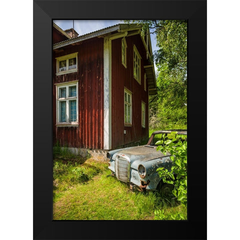 Sweden-Varmland-Bastnas-Bastnas Car Cemetery public park-antique car junkyard Black Modern Wood Framed Art Print by Bibikow, Walter