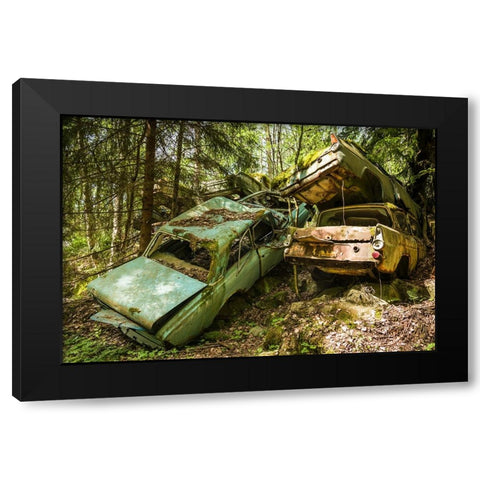 Sweden-Varmland-Bastnas-Bastnas Car Cemetery public park-antique car junkyard Black Modern Wood Framed Art Print by Bibikow, Walter