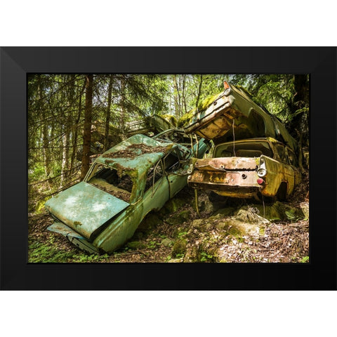 Sweden-Varmland-Bastnas-Bastnas Car Cemetery public park-antique car junkyard Black Modern Wood Framed Art Print by Bibikow, Walter