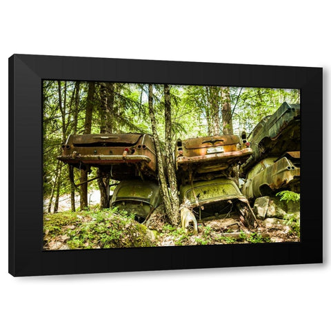 Sweden-Varmland-Bastnas-Bastnas Car Cemetery public park-antique car junkyard Black Modern Wood Framed Art Print by Bibikow, Walter