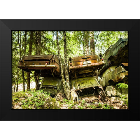 Sweden-Varmland-Bastnas-Bastnas Car Cemetery public park-antique car junkyard Black Modern Wood Framed Art Print by Bibikow, Walter