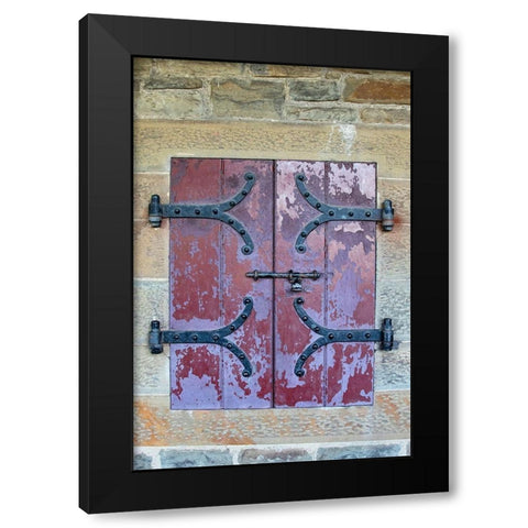 Doors with wrought iron hinges are found in an outdoor passageway at Cardiff Castle-Wales Black Modern Wood Framed Art Print by Ostrowitz, Mallorie