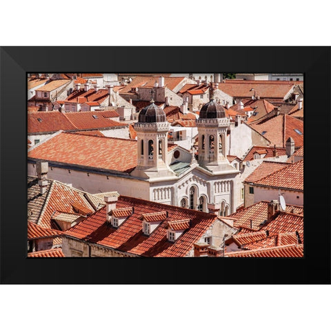 Croatia Dalmatia Dubrovnik Church among red terra cotta tile roofs in the old town of Dubrovnik Black Modern Wood Framed Art Print by Wilson, Emily