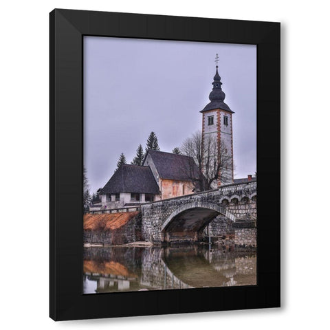 Slovenia-Upper Carniola-Ribcev Laz-Lake Bohinj-Church of St John the Baptist in early morning light Black Modern Wood Framed Art Print by Looney, Hollice