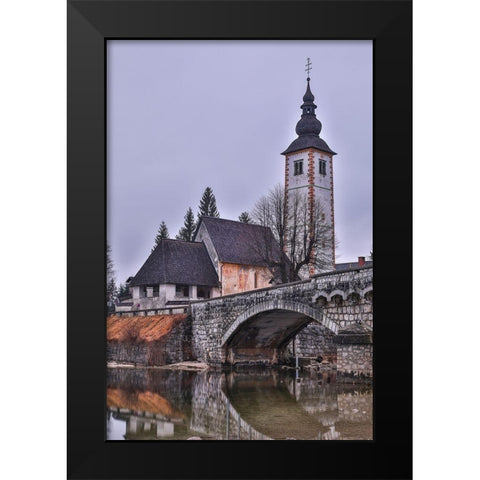 Slovenia-Upper Carniola-Ribcev Laz-Lake Bohinj-Church of St John the Baptist in early morning light Black Modern Wood Framed Art Print by Looney, Hollice