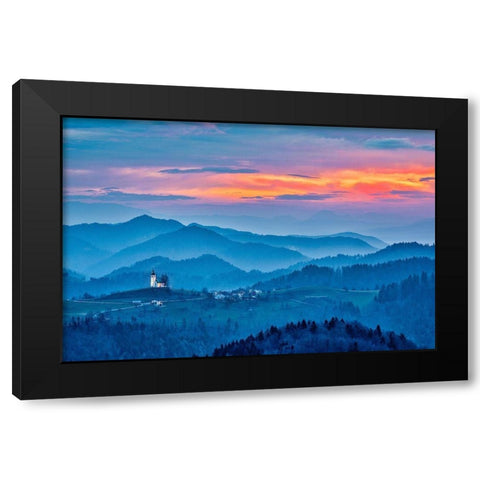 Slovenia-Poljane Sora Valley-hillside church near Gorenja Vas in early morning light Black Modern Wood Framed Art Print by Looney, Hollice