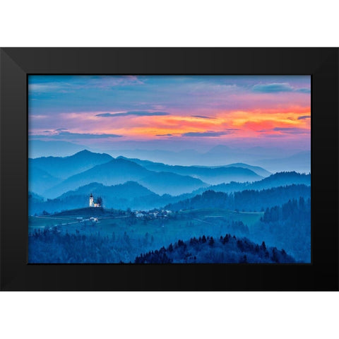 Slovenia-Poljane Sora Valley-hillside church near Gorenja Vas in early morning light Black Modern Wood Framed Art Print by Looney, Hollice