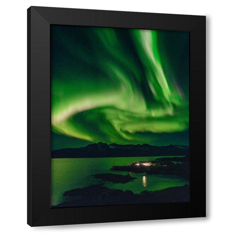 Northern Lights over settlement Kuummiit. Ammassalik area in East Greenland- Danish Territory Black Modern Wood Framed Art Print by Zwick, Martin